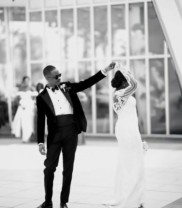Bride and groom during their first dance, black and white — Gia Bridals, Port Harcourt