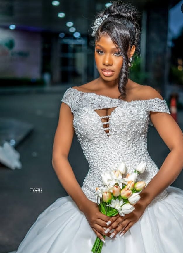 Off-the-shoulder crystal-beaded ball gown — Gia Bridals, Port Harcourt